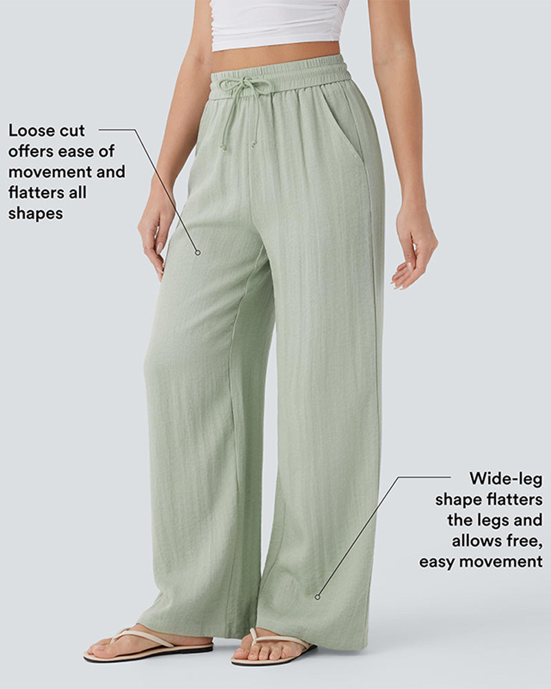High Waisted Drawstring Pocket Wide Leg Casual Linen-Feel Pants