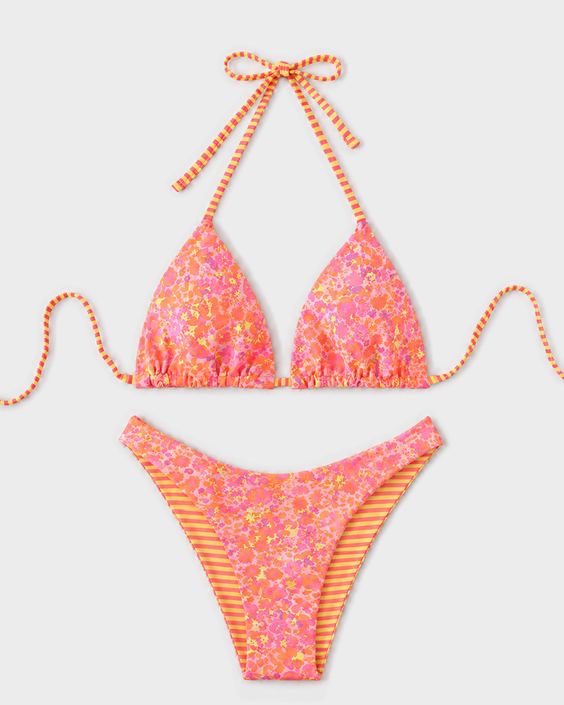 Sexy Tie Neck Ditsy Floral Stripe Two Piece Bikini Set Beach Swimsuit