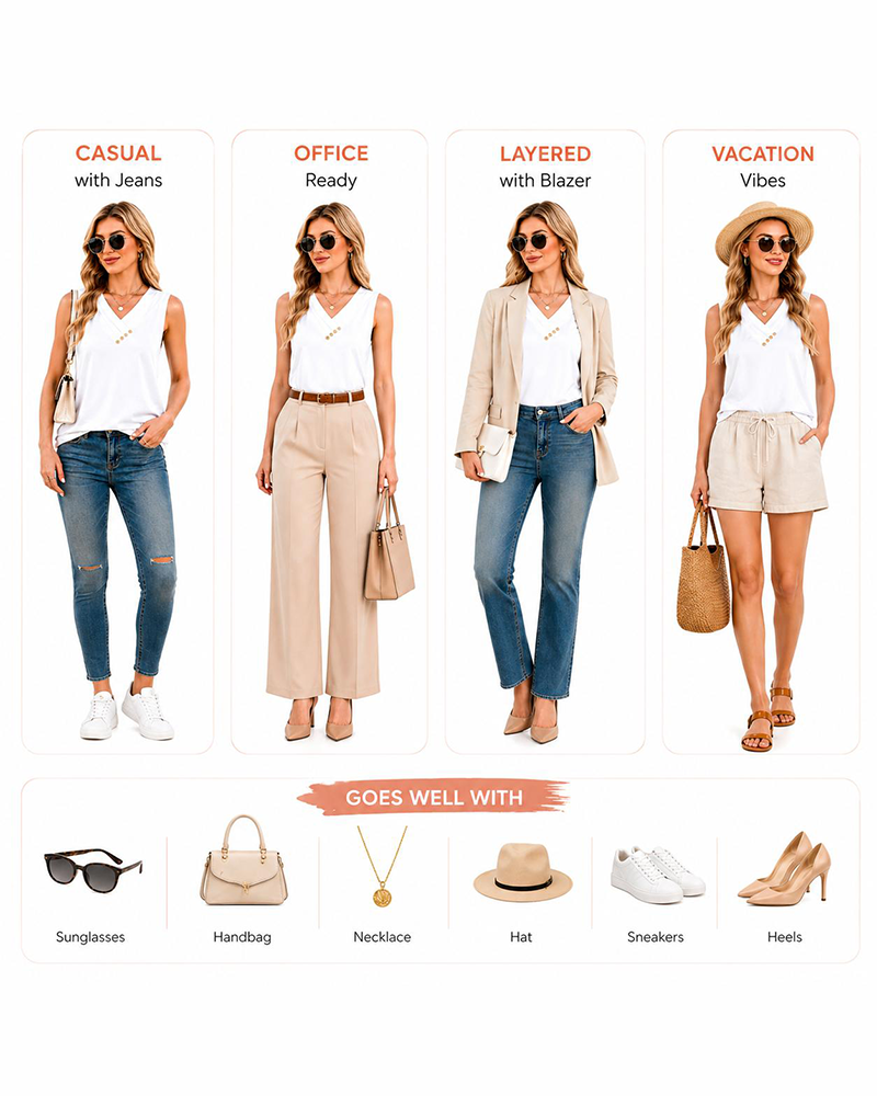 Summer Button Down V Neck Sleeveless Loose Fit Fashion Top