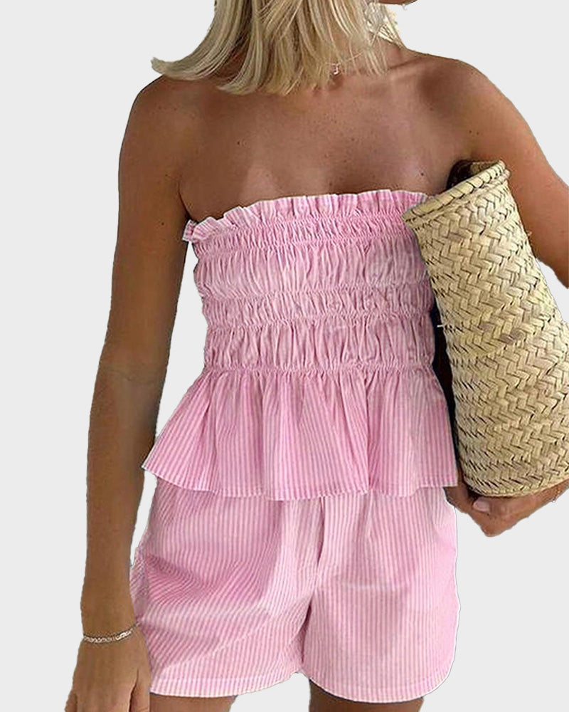 Striped Tube Top & Shorts Set Casual Strapless Two Piece for Women
