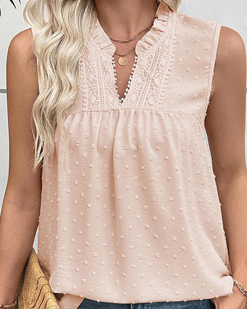 Loose Lace V Neck Swiss Dot Smocked Sleeveless Casual Tank Top