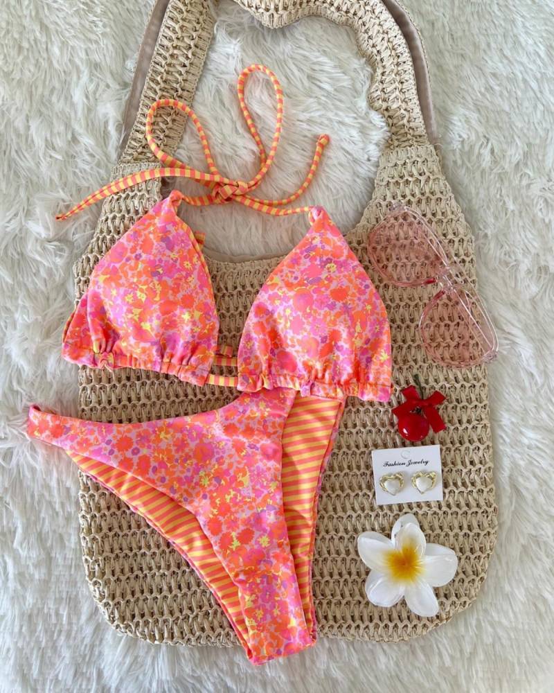 Sexy Tie Neck Ditsy Floral Stripe Two Piece Bikini Set Beach Swimsuit