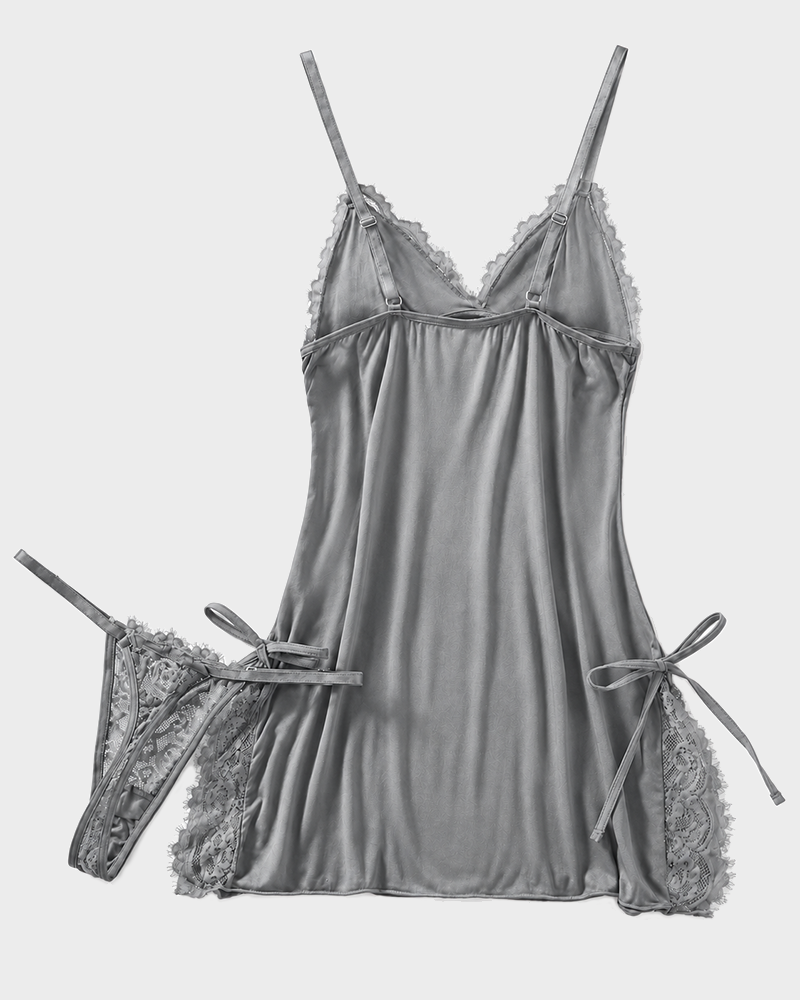 Bow Lace Cami Nightdress & Thong Set Soft Sexy Sleepwear Loungewear