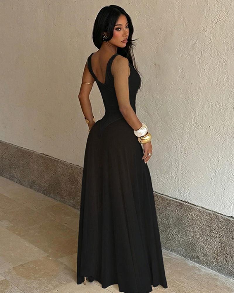 Deep V Neck Tulle Sheer Cami Lightweight Fit Sleeveless Maxi Dress