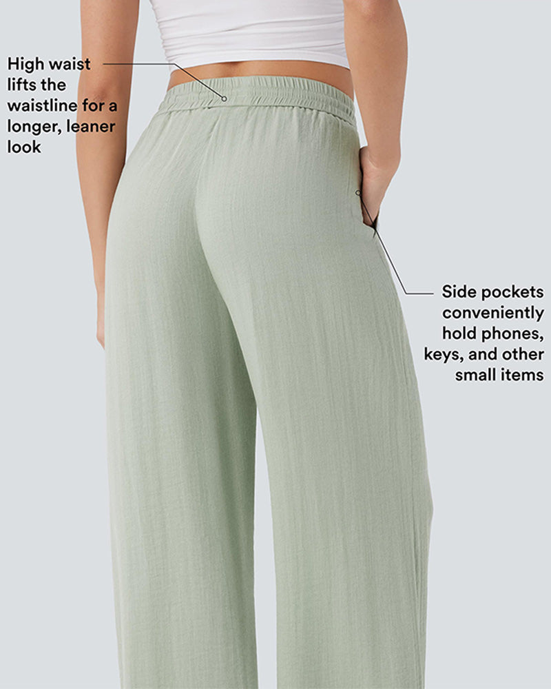 High Waisted Drawstring Pocket Wide Leg Casual Linen-Feel Pants