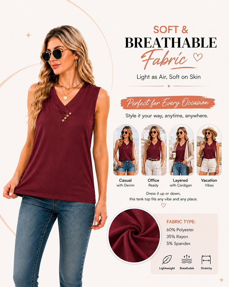 Summer Button Down V Neck Sleeveless Loose Fit Fashion Top