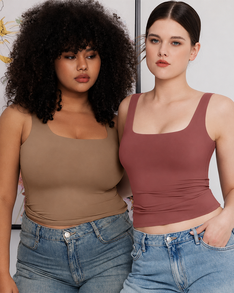 Square Neck Double Layer Stretchy Cami Soft Wide Strap Tank Top