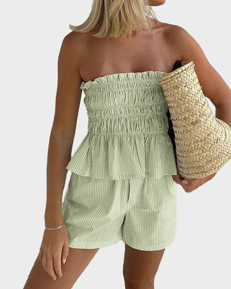 Striped Tube Top & Shorts Set Casual Strapless Two Piece for Women