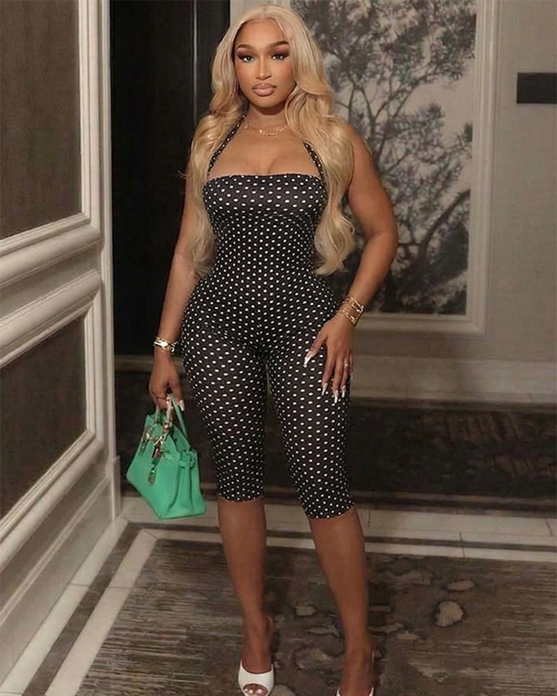 Women's Polka Dot Sleeveless Halter Bodycon Jumpsuit