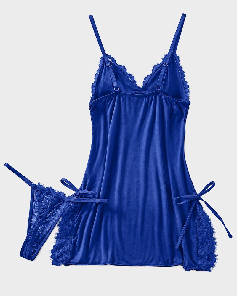 Bow Lace Cami Nightdress & Thong Set Soft Sexy Sleepwear Loungewear