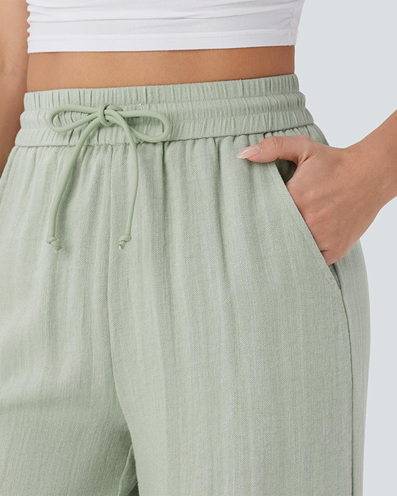 High Waisted Drawstring Pocket Wide Leg Casual Linen-Feel Pants
