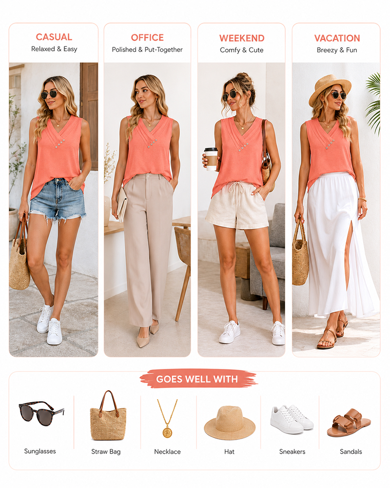 Summer Button Down V Neck Sleeveless Loose Fit Fashion Top