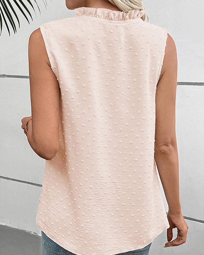 Loose Lace V Neck Swiss Dot Smocked Sleeveless Casual Tank Top