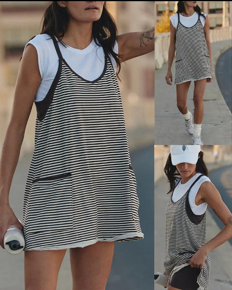 Women's 4th of July V Neck Striped Sleeveless Athletic Mini Dress with Built in Shorts