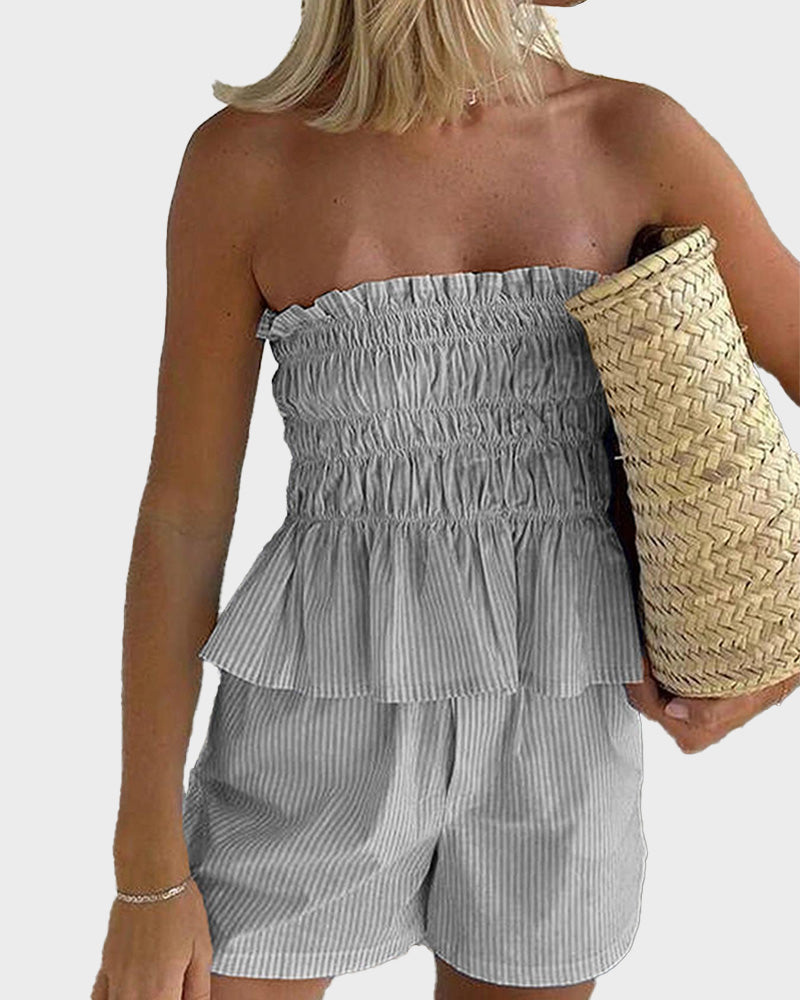 Striped Tube Top & Shorts Set Casual Strapless Two Piece for Women