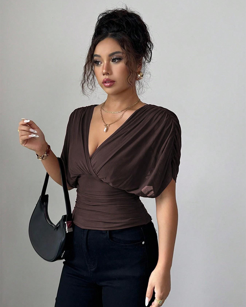 Women's V Neck Ruched Slim Fit Blouse Short Sleeve Summer Top