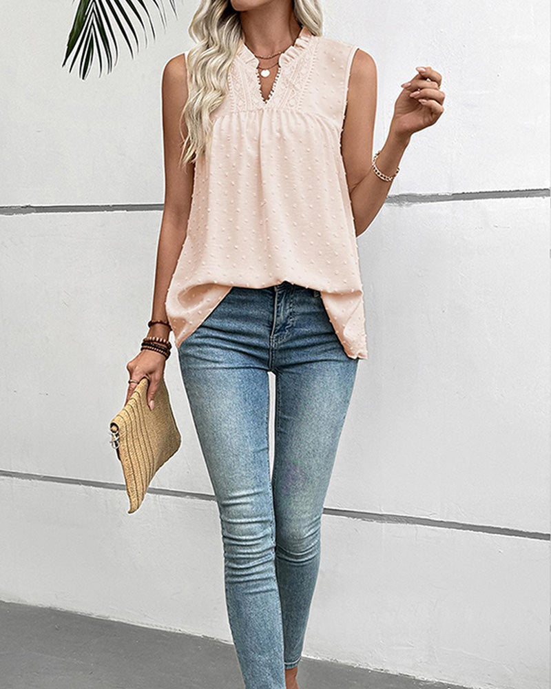 Loose Lace V Neck Swiss Dot Smocked Sleeveless Casual Tank Top