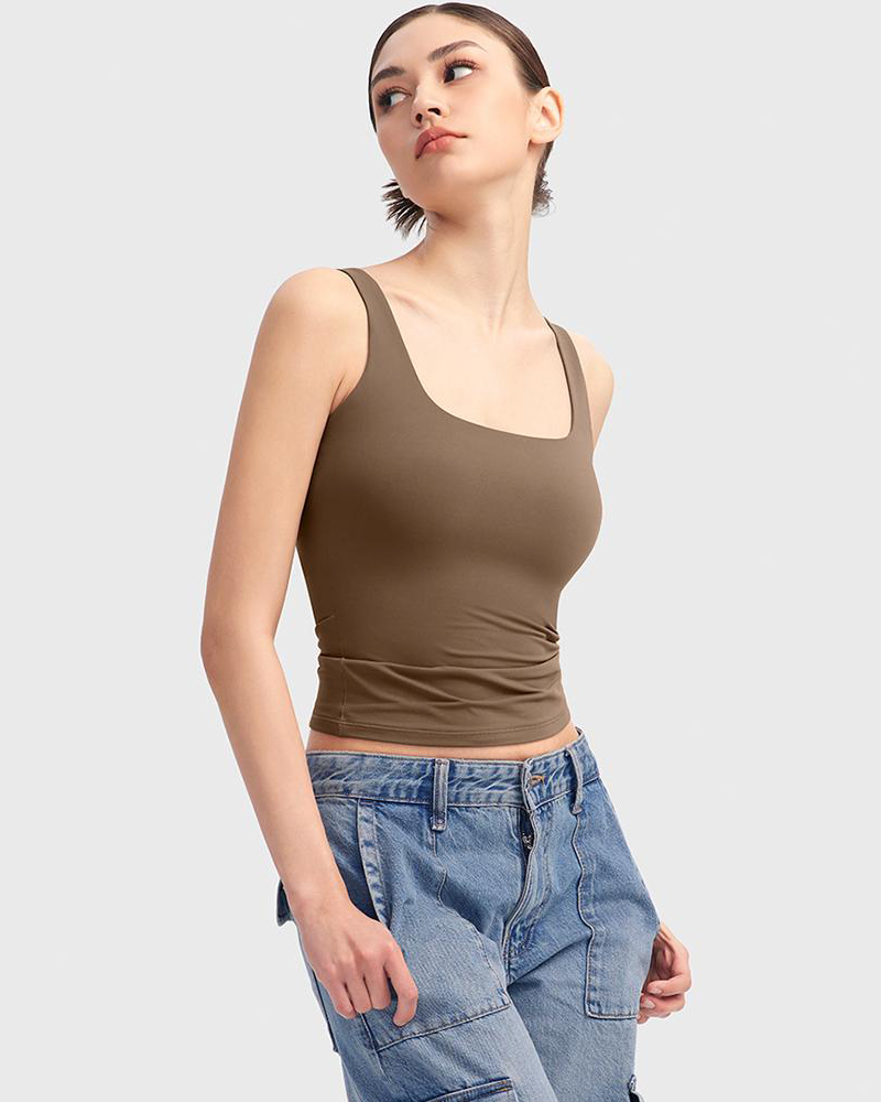 Square Neck Double Layer Stretchy Cami Soft Wide Strap Tank Top