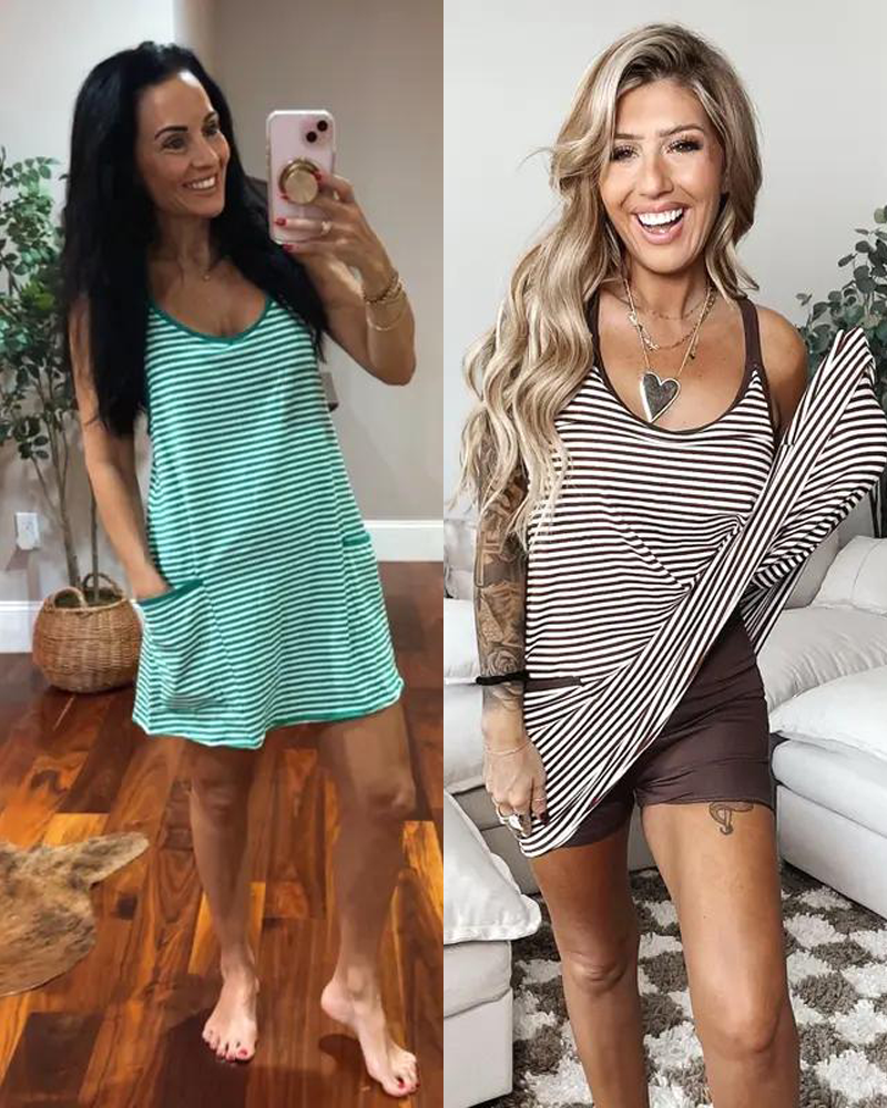 Women's 4th of July V Neck Striped Sleeveless Athletic Mini Dress with Built in Shorts