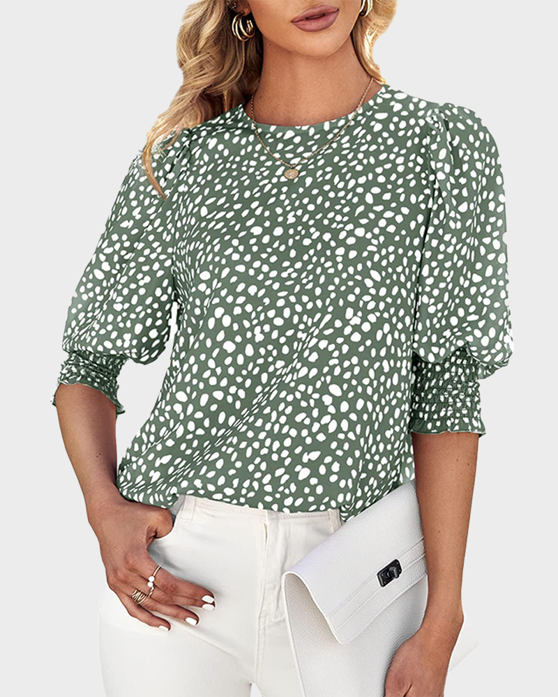 Women's Polka Dot 3/4 Sleeve Crew Neck Blouse Casual Soft Office Top