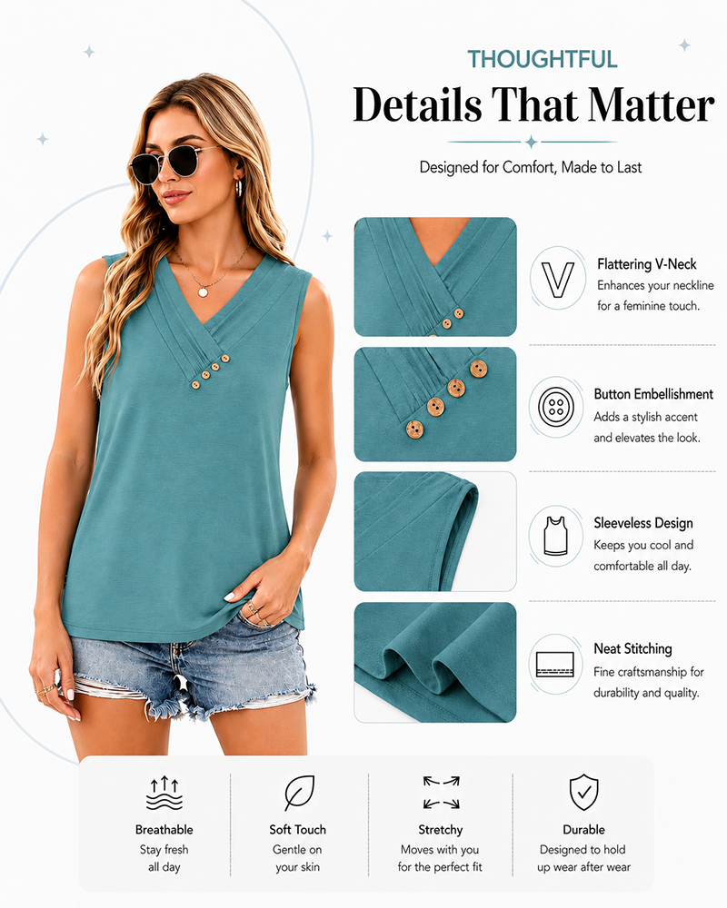 Summer Button Down V Neck Sleeveless Loose Fit Fashion Top