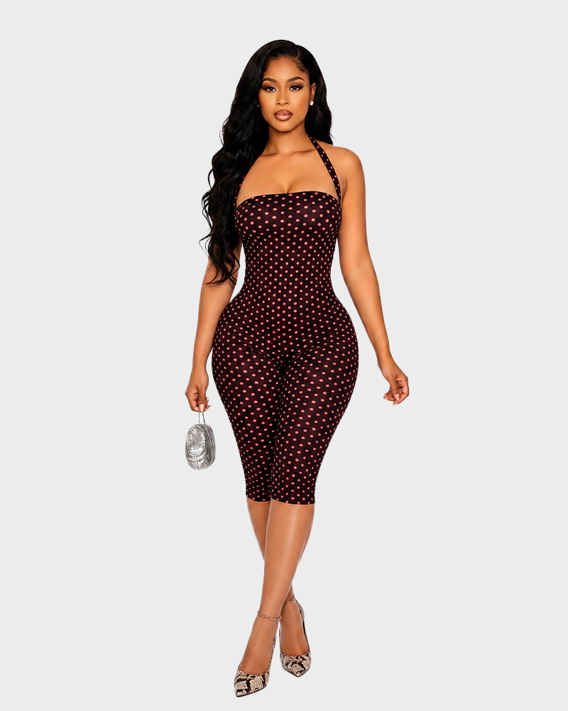 Women's Polka Dot Sleeveless Halter Bodycon Jumpsuit