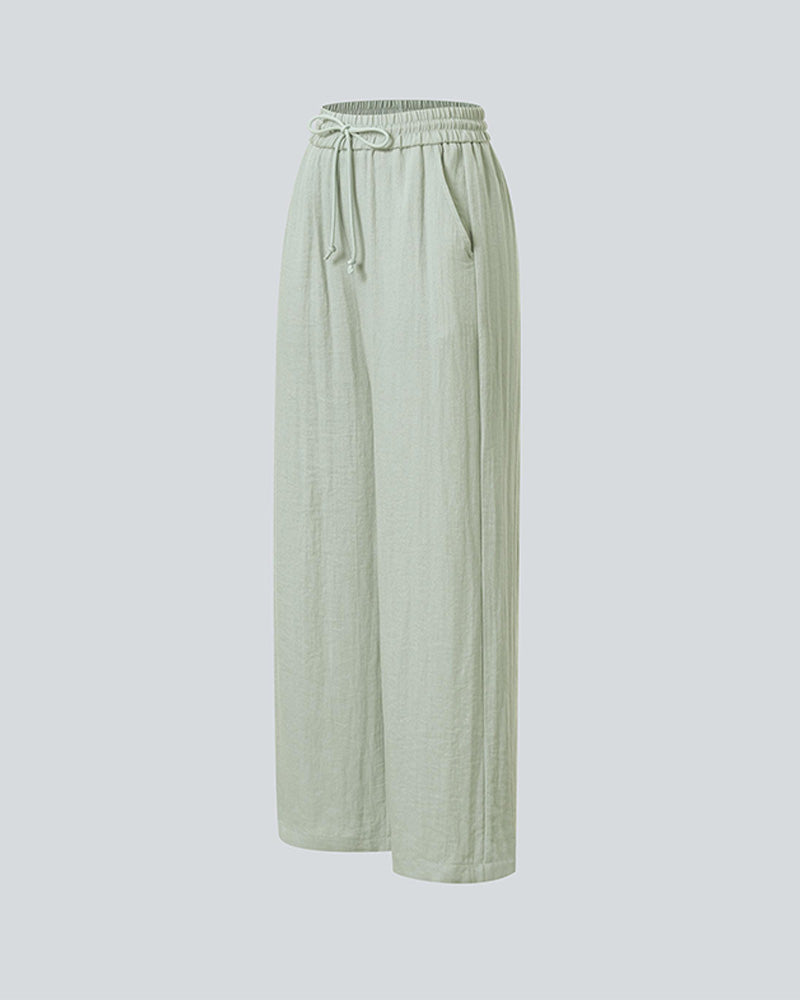 High Waisted Drawstring Pocket Wide Leg Casual Linen-Feel Pants