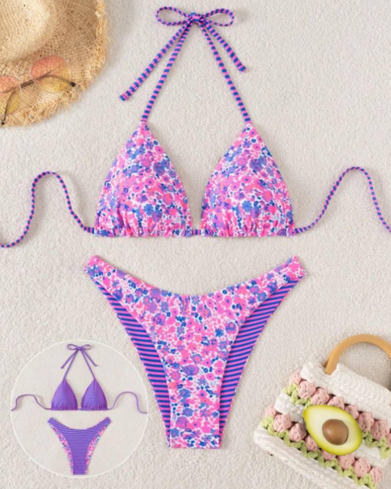 Sexy Tie Neck Ditsy Floral Stripe Two Piece Bikini Set Beach Swimsuit