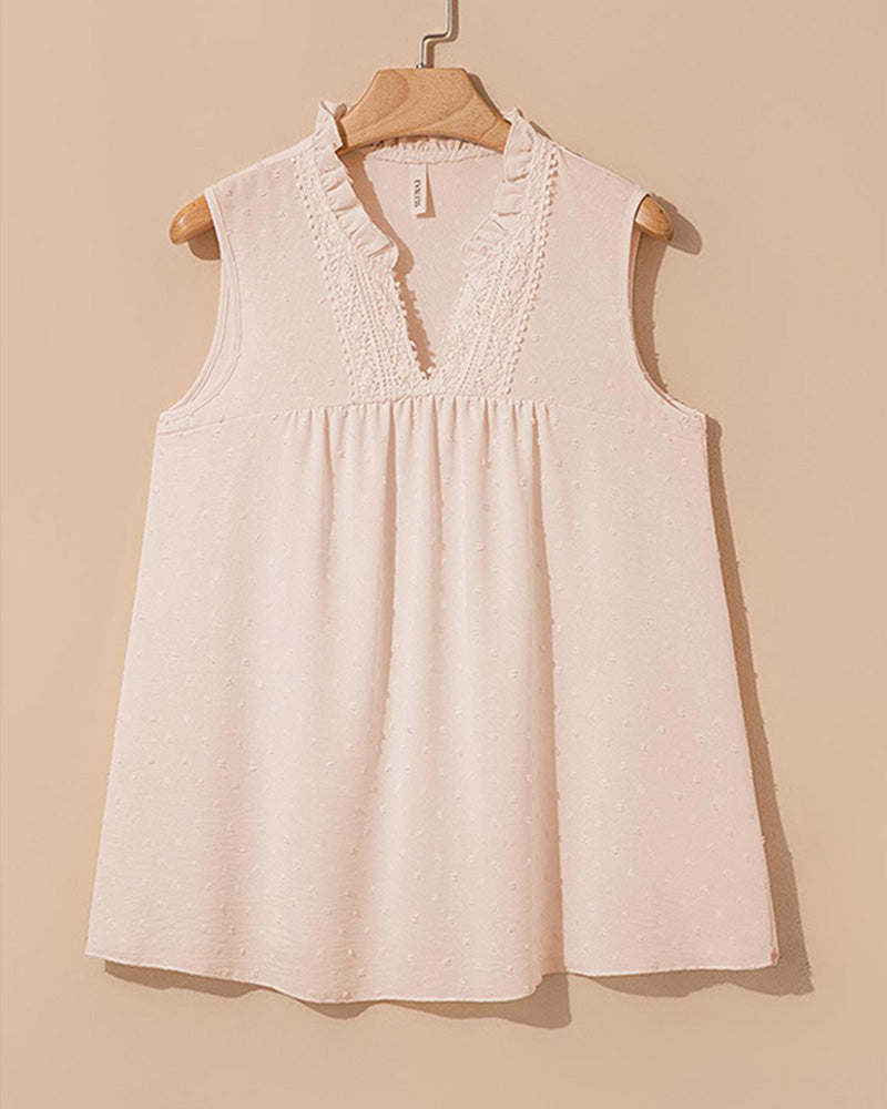 Loose Lace V Neck Swiss Dot Smocked Sleeveless Casual Tank Top