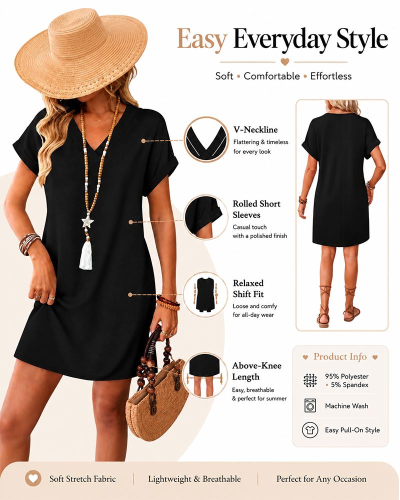 Women's Casual V Neck Short Sleeve T Shirt Dress