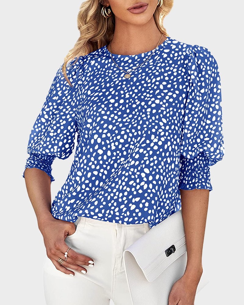 Women's Polka Dot 3/4 Sleeve Crew Neck Blouse Casual Soft Office Top