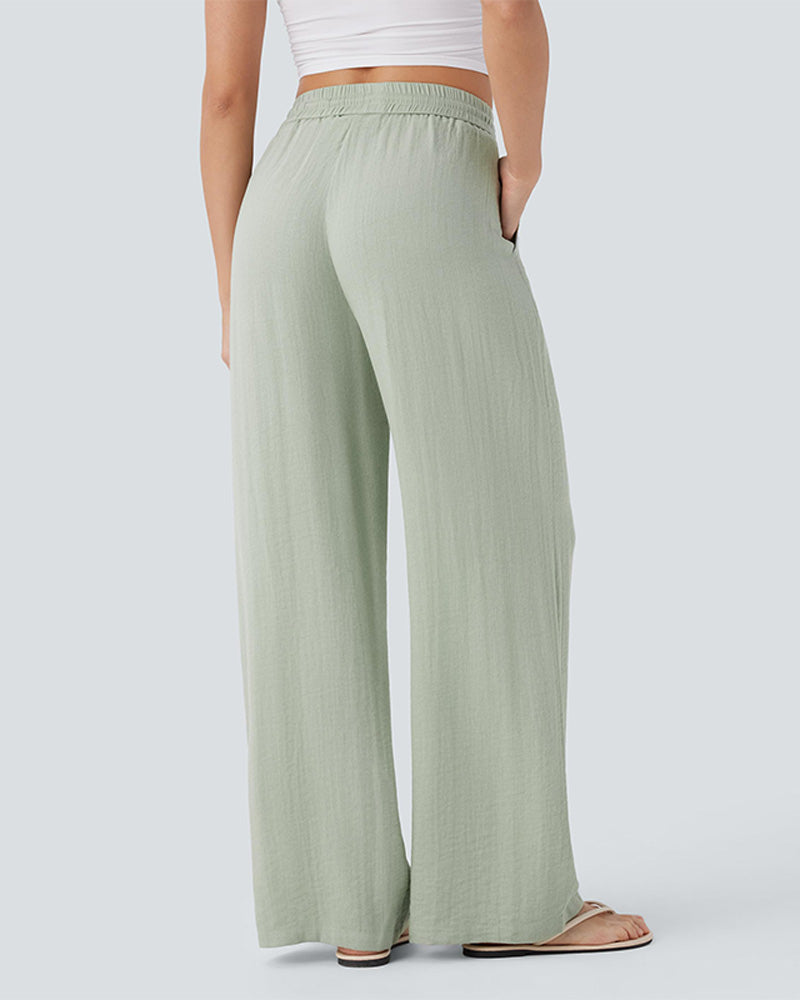 High Waisted Drawstring Pocket Wide Leg Casual Linen-Feel Pants