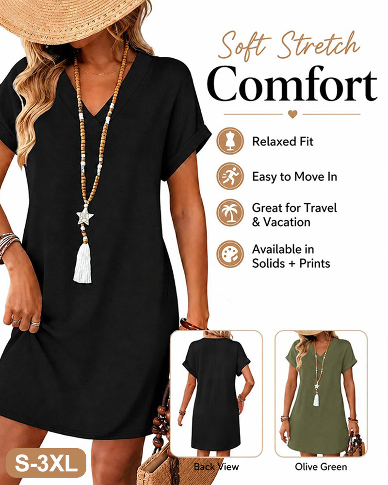 Women's Casual V Neck Short Sleeve T Shirt Dress