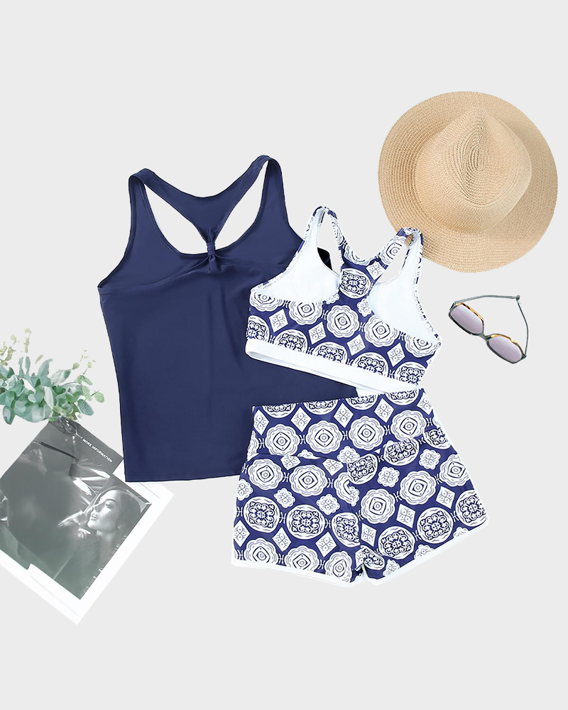 3 Piece Athletic Tankini Set with Sports Bra Shorts & Boyshorts Swimsuit
