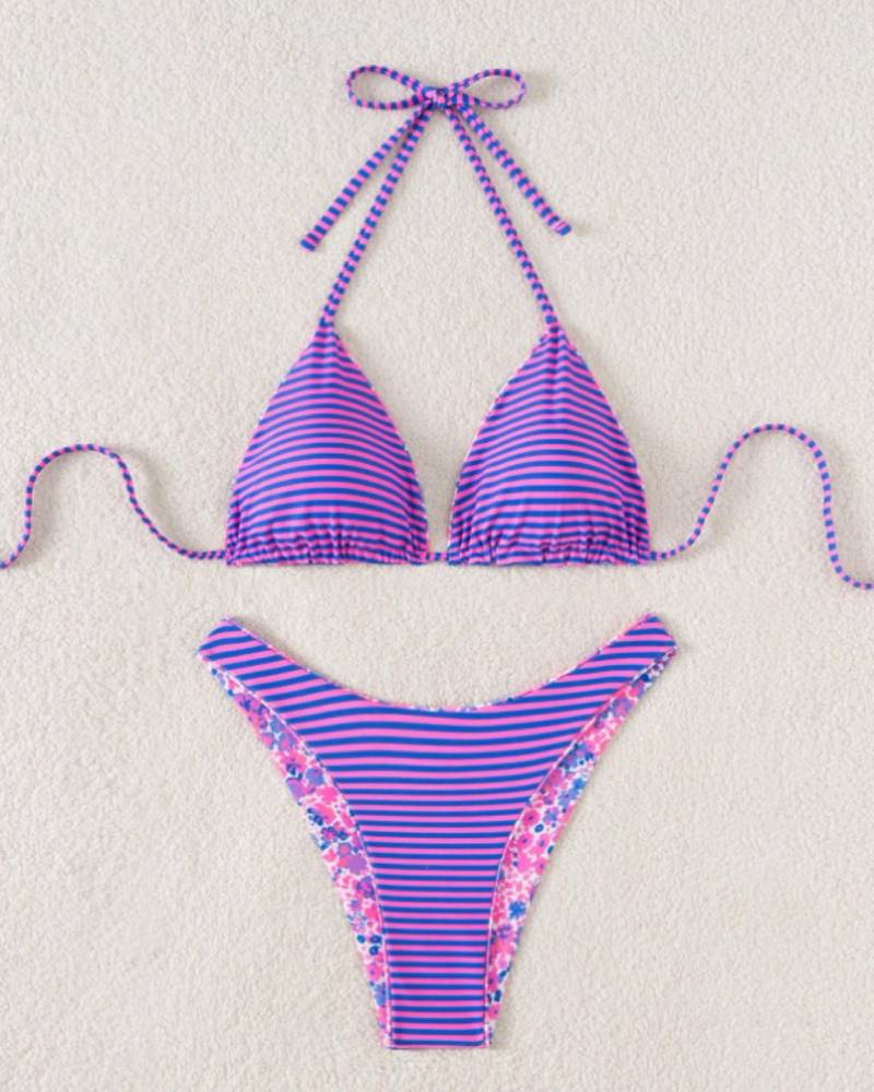 Sexy Tie Neck Ditsy Floral Stripe Two Piece Bikini Set Beach Swimsuit