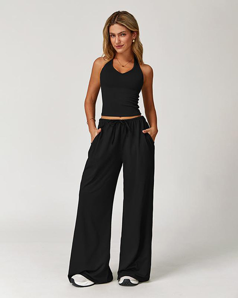 V Neck Strappy Top & Wide Leg Pants Casual Summer 2 Piece Set