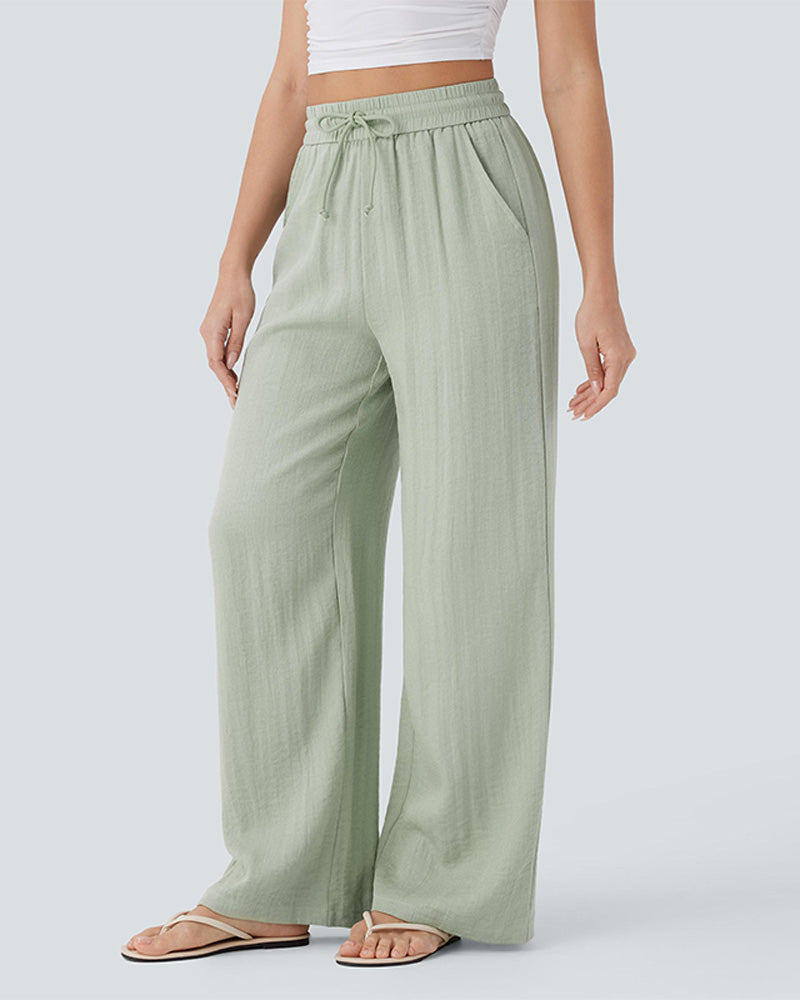 High Waisted Drawstring Pocket Wide Leg Casual Linen-Feel Pants