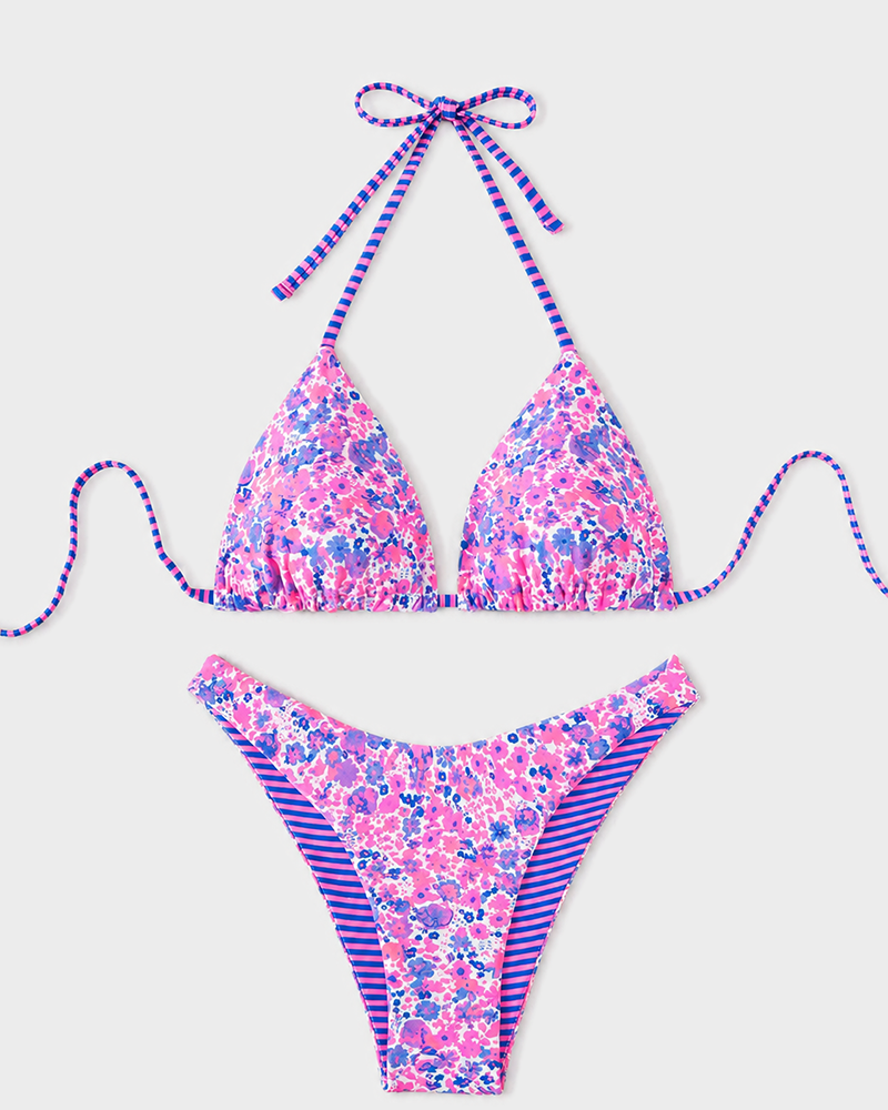 Sexy Tie Neck Ditsy Floral Stripe Two Piece Bikini Set Beach Swimsuit