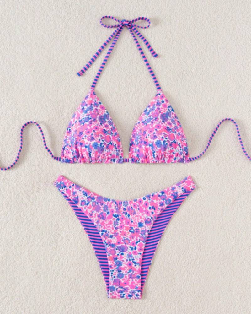 Sexy Tie Neck Ditsy Floral Stripe Two Piece Bikini Set Beach Swimsuit