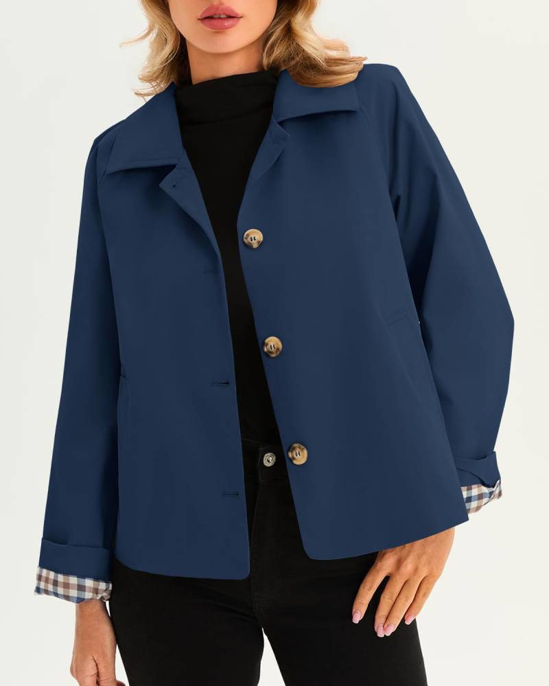 Women's Cropped Trench Coat Style Oversized Checkered Lining Jacket