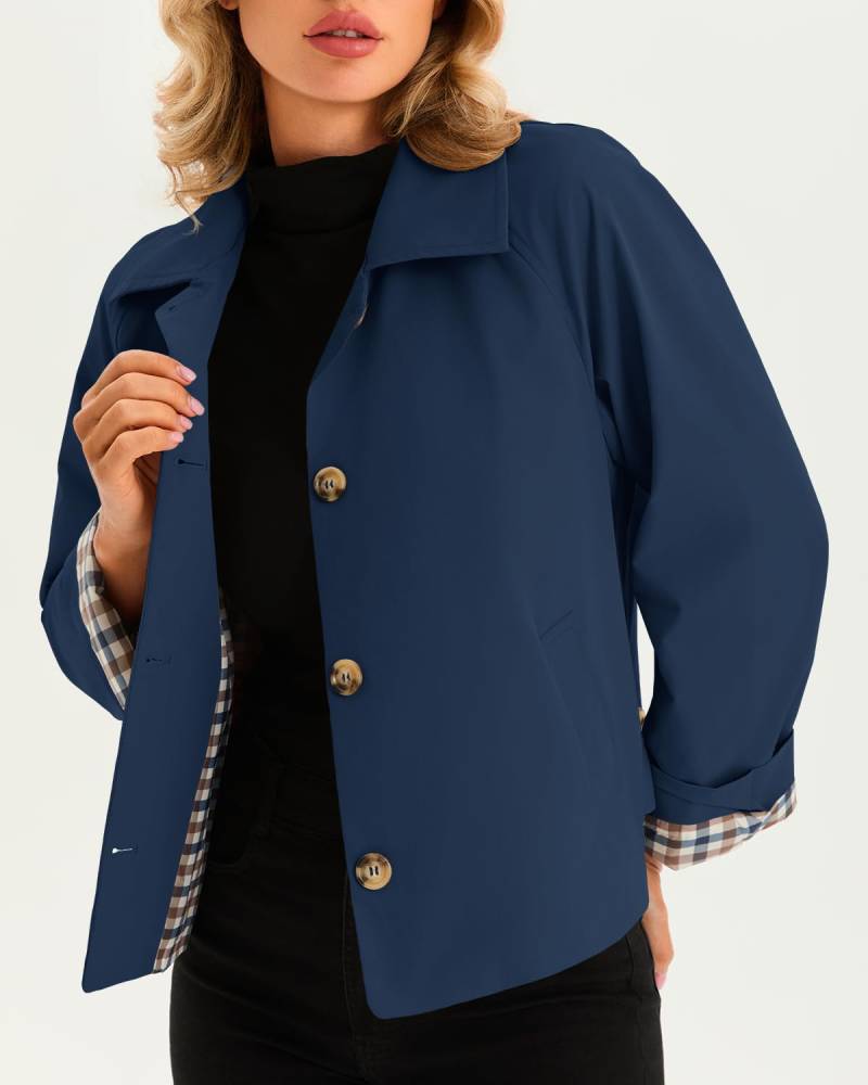 Women's Cropped Trench Coat Style Oversized Checkered Lining Jacket