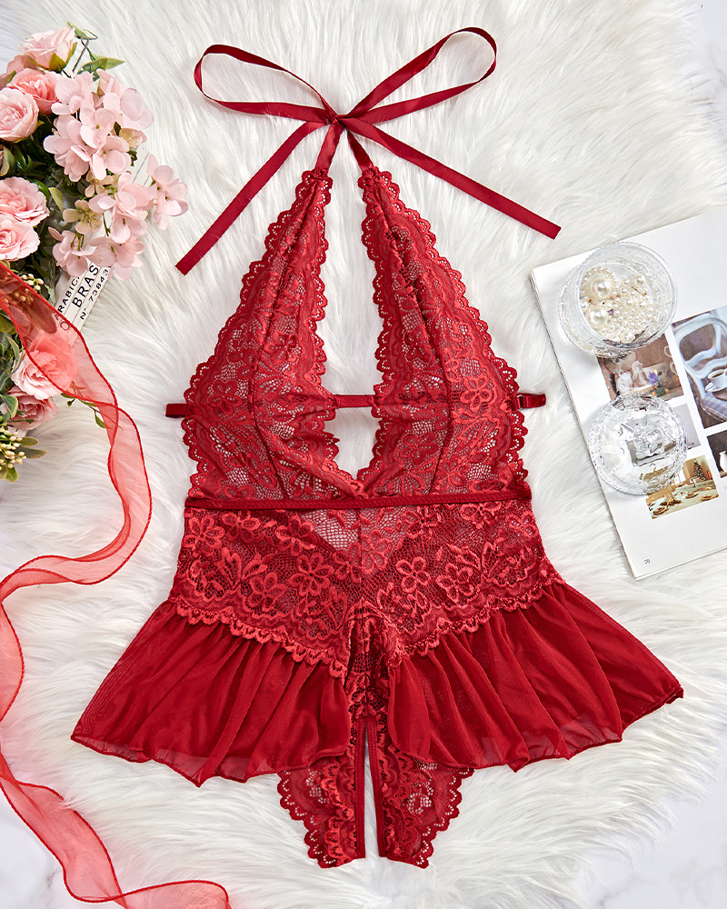 Women's Sexy Deep V-Neck Soft & Stretchy Lace Floral Teddy Bodysuit