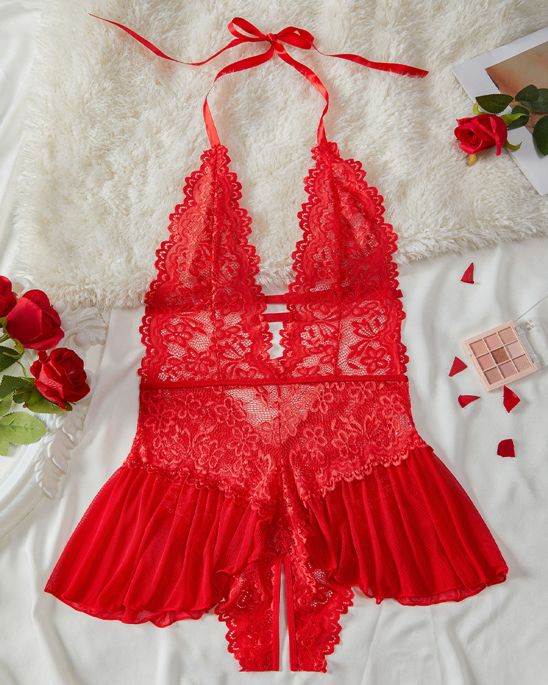 Women's Sexy Deep V-Neck Soft & Stretchy Lace Floral Teddy Bodysuit