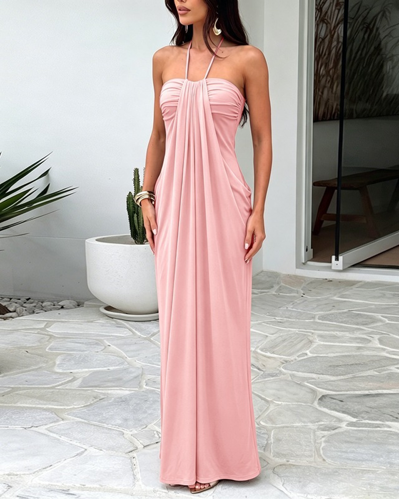 Strapless Halter Neck Sexy Backless with Pockets Tie Back Maxi Dress