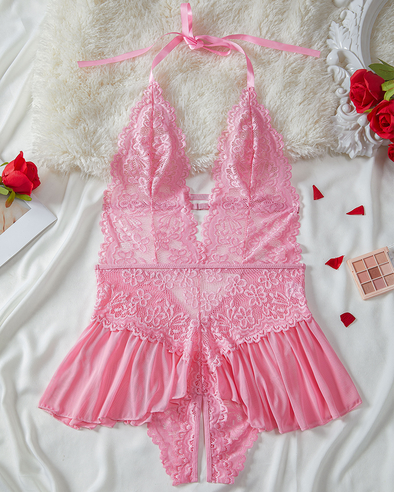 Women's Sexy Deep V-Neck Soft & Stretchy Lace Floral Teddy Bodysuit