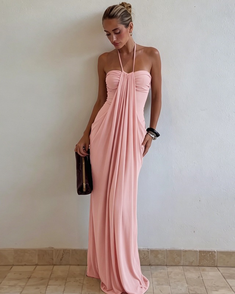 Strapless Halter Neck Sexy Backless with Pockets Tie Back Maxi Dress