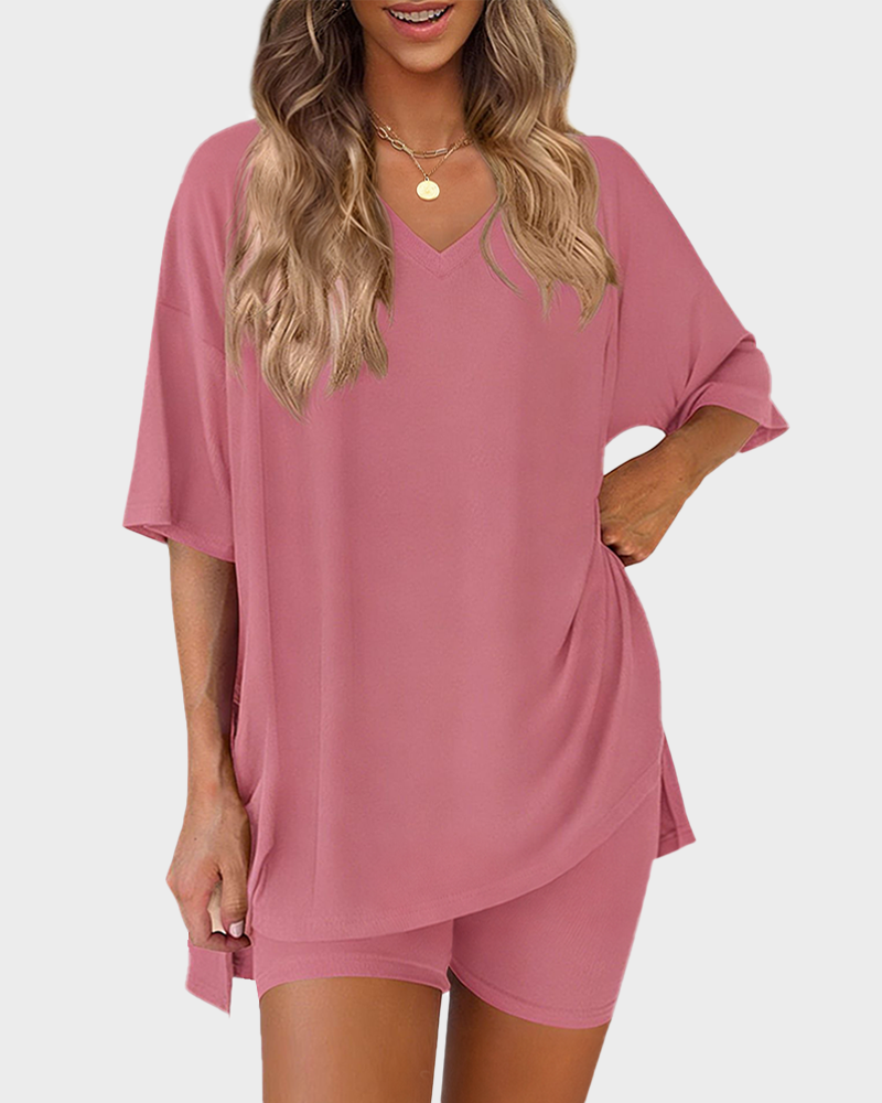 V Neck Oversized Shirt & Biker Shorts 2 Piece Lounge Set