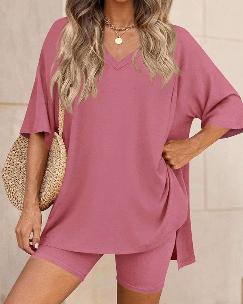 V Neck Oversized Shirt & Biker Shorts 2 Piece Lounge Set
