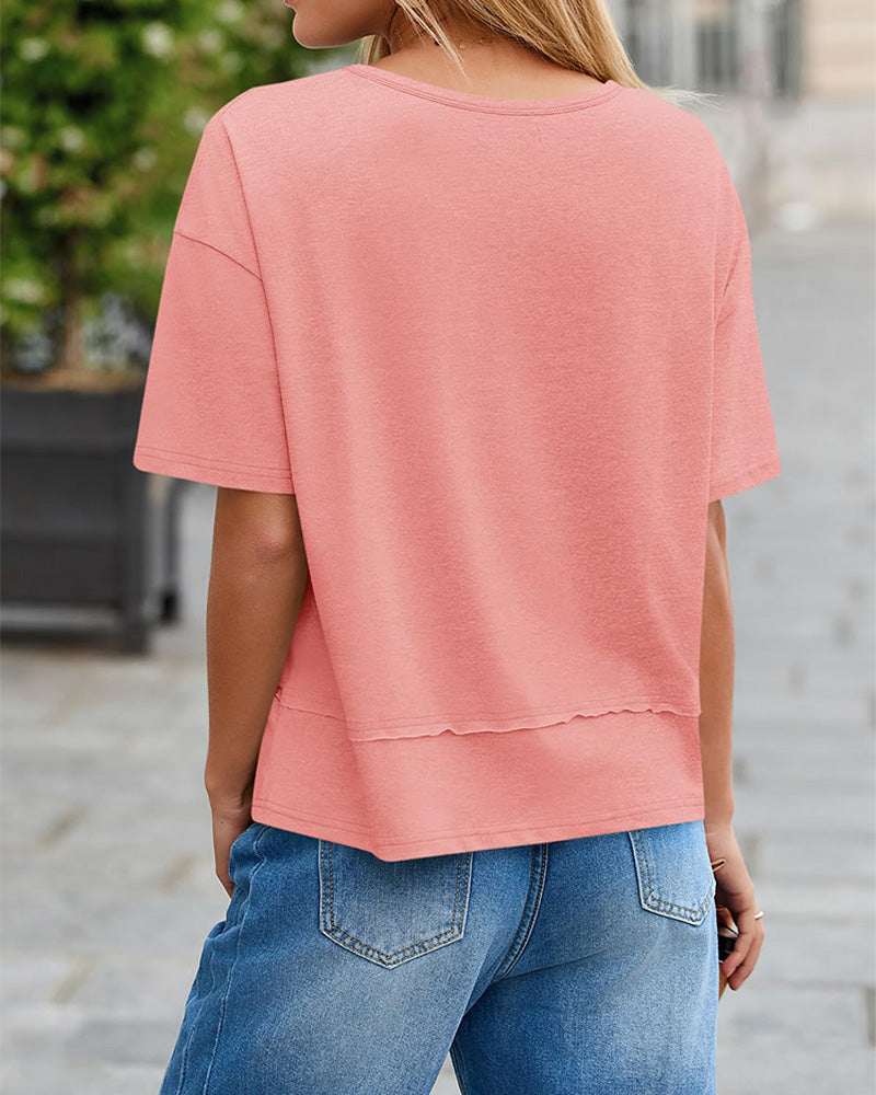 Women's Summer V Neck Short Sleeve Flowy Loose Fit Basic Tee Cute Casual Top