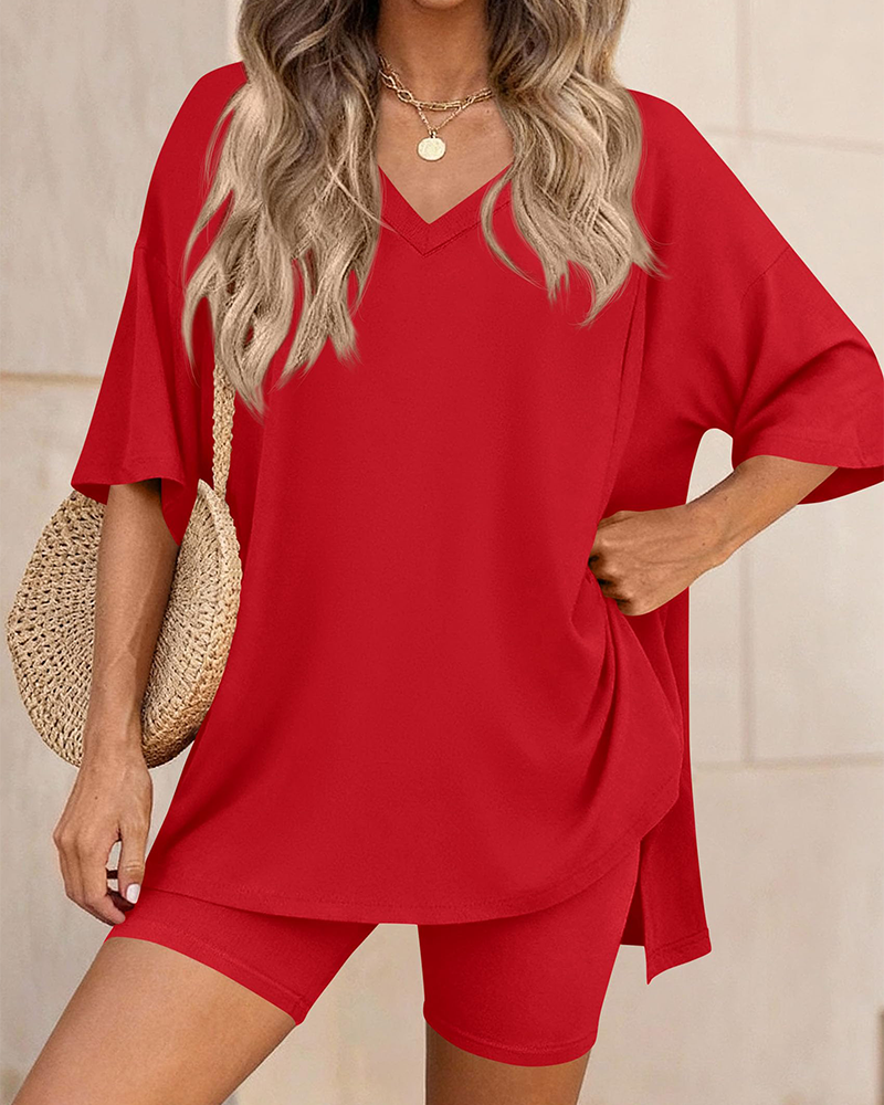 V Neck Oversized Shirt & Biker Shorts 2 Piece Lounge Set